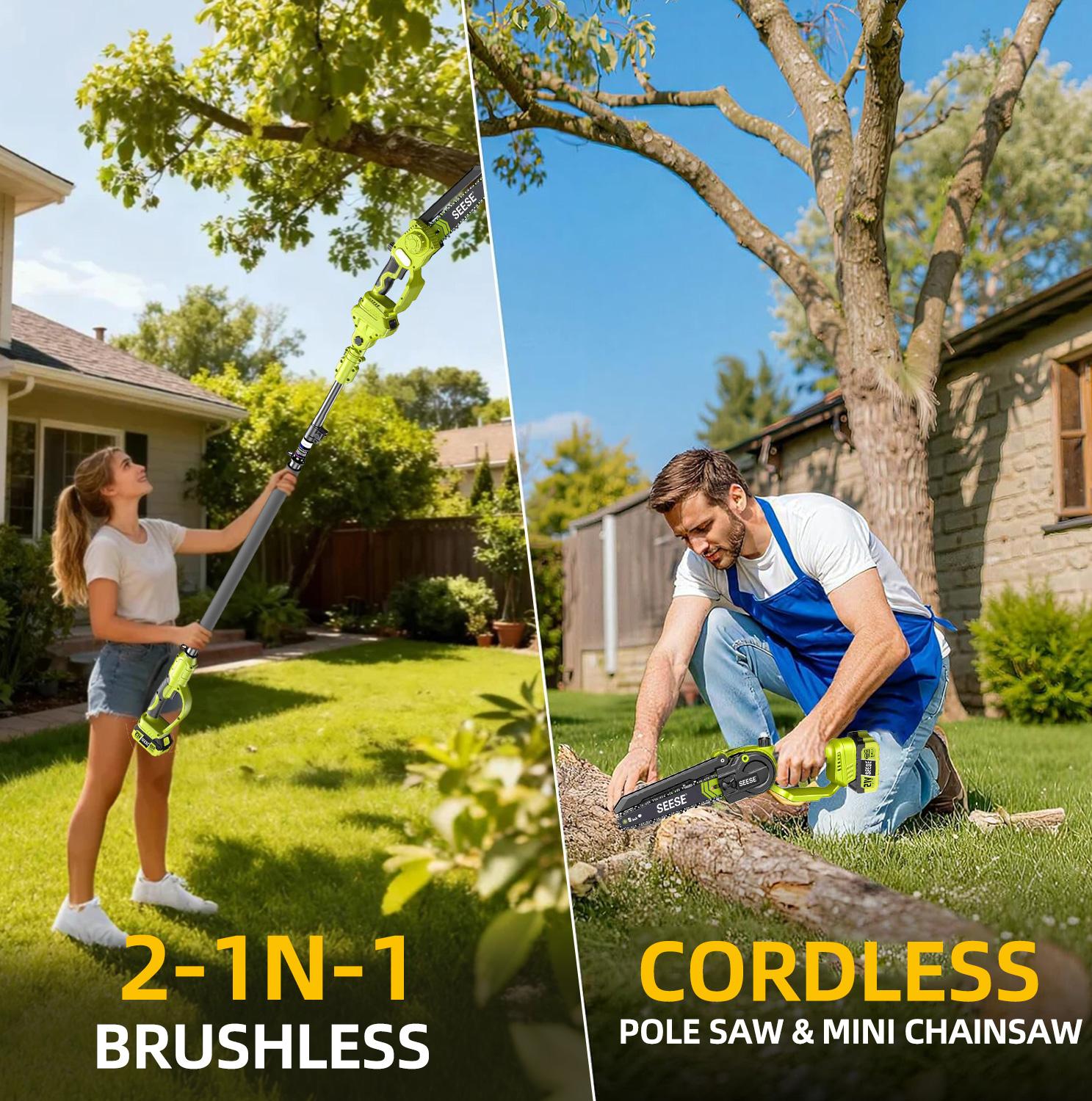 2-IN-1 Cordless Pole Saw And Mini Chainsaw With Extension Pole 21V Battery 6' Electric Brushless Pole Chainsaw With Digital Display Auto Oiler Safety Switch For Tree Trimming